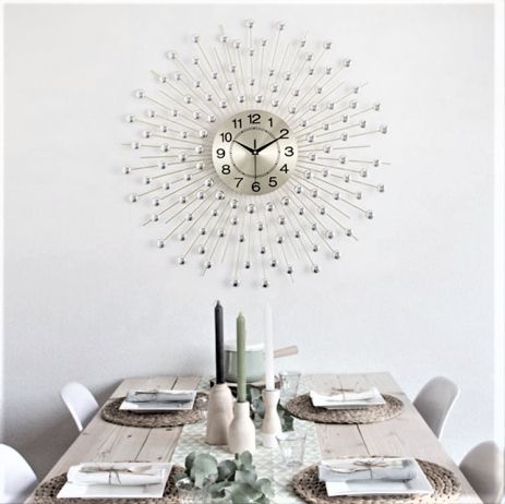 Большие настенные часы (60 см) бесшумные и красивые "Солнце-G-600" серебристого цвета для спальни и гостиной