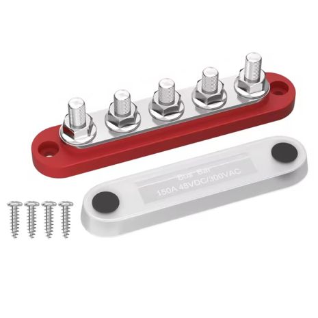 Розподільчий блок Bus Bar з 5 шпильками M6 для з'єднання кабелів 150А, 48 VDC/300VAC, червоний Розподільчий блок Bus Bar з 5 шпильками M6 для з'єднання кабелів 150А, 48 VDC/300VAC, червоний