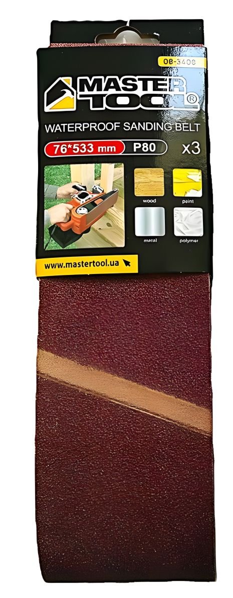 Шлифовальная лента, зерно 80, 76×533 мм, 3 шт MASTERTOOL 08-3408