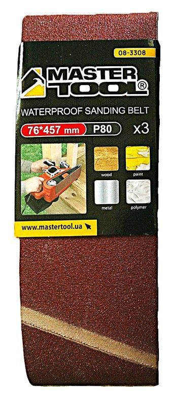 Стрічка шліфувальна збіжжя 80 76×457 мм 3 шт MASTERTOOL 08-3308