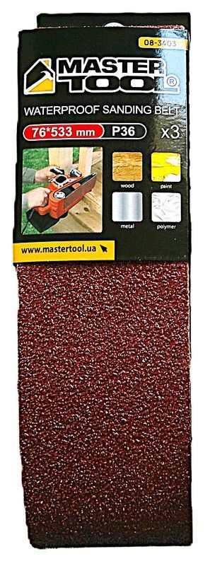 Стрічка шліфувальна зерно 36 76×533 мм 3 шт MASTERTOOL 08-3403
