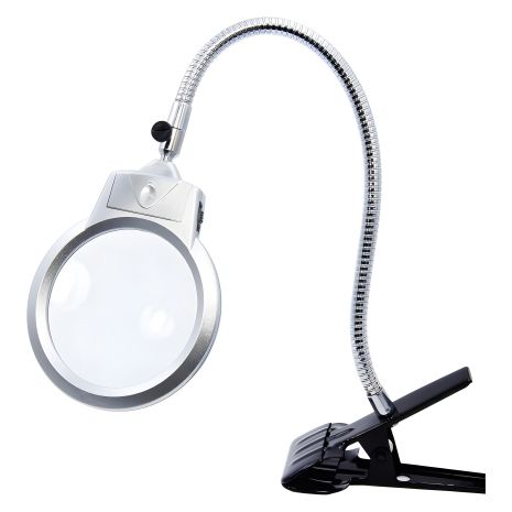 Двойная лупа на гибкой ноге с зажимом MG15122-C с LED-подсветкой (большая лупа d=125 мм, 2x; малая лупа d=26 мм, 6x)