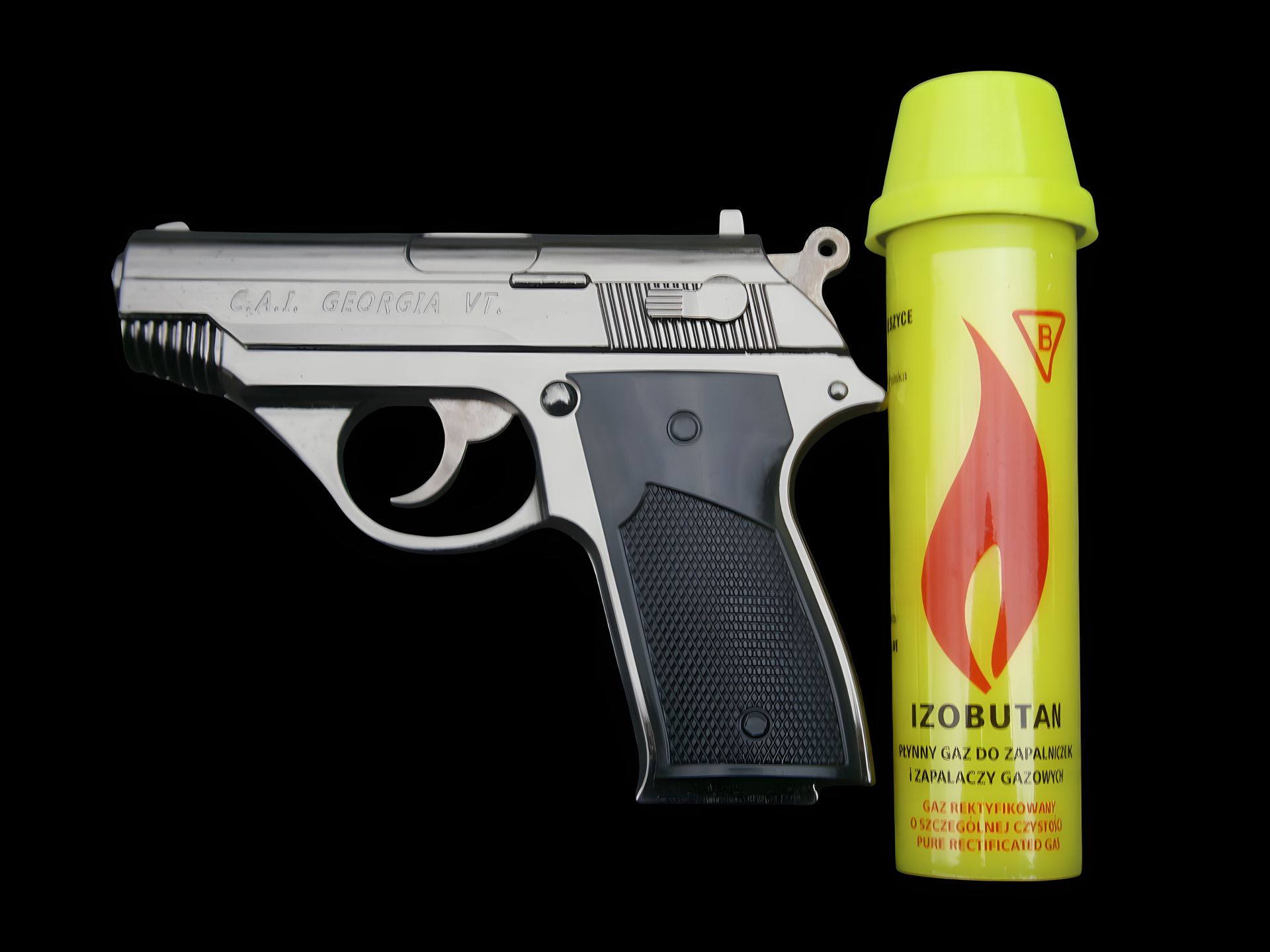 Сувенирная зажигалка пистолета C.A.I. Грузия ВТ турбогаз металлическая + газовый баллон 80 мл Сувенирная зажигалка пистолета C.A.I. Грузия ВТ турбогаз металлическая + газовый баллон 80 мл
