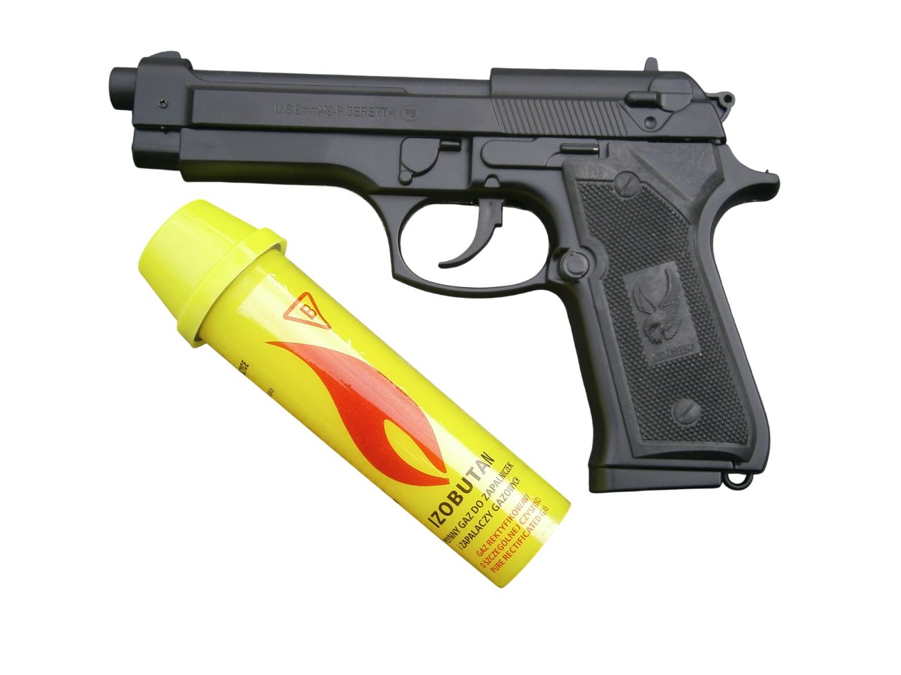 Газова турбо запальничка у вигляді пістолета Beretta M9 сувенірна + балон газу 80 мл Газова турбо запальничка у вигляді пістолета Beretta M9 сувенірна + балон газу 80 мл