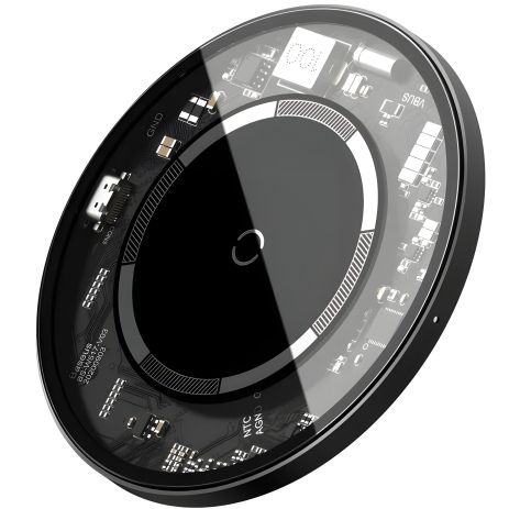 Qi бездротовий зарядний пристрій BASEUS Simple Magnetic Wireless Charger (підходить для IP12) 15W (WXJK-E02) прозорий-чорний
