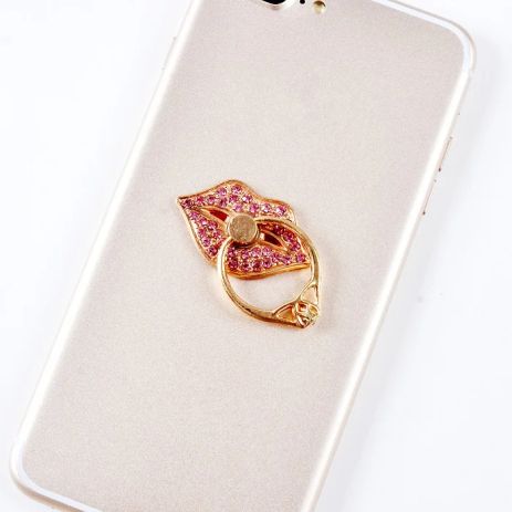 Попсокет держатель для телефона Губы кристаллы камни PopSocket в виде золотистых губ