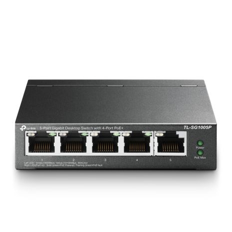 Комутатор TP-LINK TL-SG1005P, 5xGE/4xPoE, 3.44/74.49W, PD, некерований