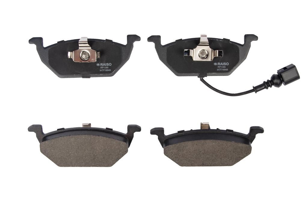 Передні гальмівні колодки Caddy III/Golf V/Octavia/A3 (з датчиком) 03-, RAISO (RP1386) Передні гальмівні колодки Caddy III/Golf V/Octavia/A3 (з датчиком) 03-, RAISO (RP1386)