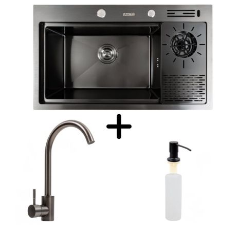 Кухонна мийка PVD 78*46 чорна Platinum Handmade з кухонним змішувачем + дозатор та коландер