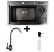Кухонная мойка PVD 78*46 черная Platinum Handmade с кухонным смесителем + дозатор и колландер