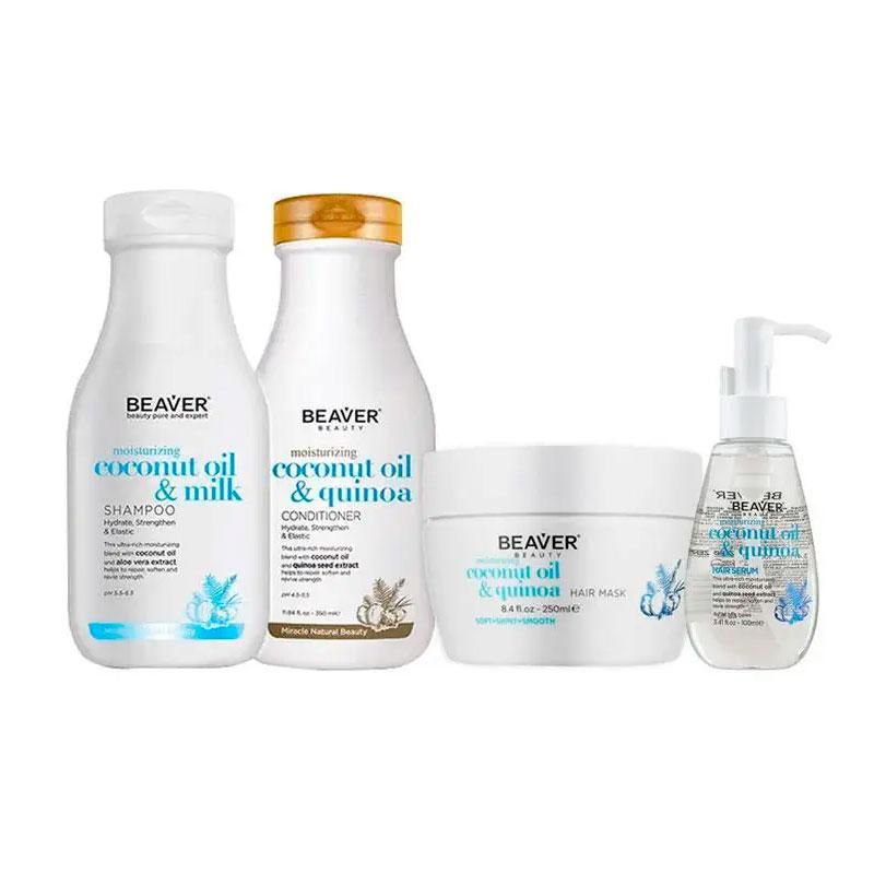 Розгладжуючий набір Beaver Coconut Oil & Milk шампунь, кондиціонер, маска і сироватка 350+350+250+100 мл Розгладжуючий набір Beaver Coconut Oil & Milk шампунь, кондиціонер, маска і сироватка 350+350+250+100 мл