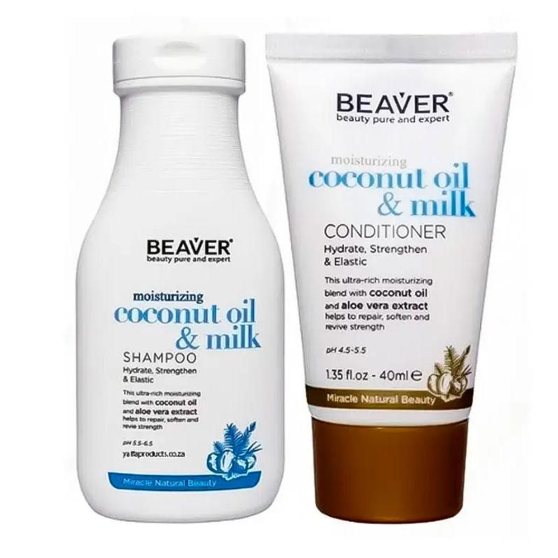 Розгладжуючий набір Beaver Coconut Oil & Milk шампунь та кондиціонер для сухого і неслухняного волосся, 60 мл + 40 мл Розгладжуючий набір Beaver Coconut Oil & Milk шампунь та кондиціонер для сухого і неслухняного волосся, 60 мл + 40 мл