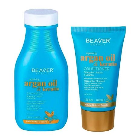 Відновлюючий набір Beaver Argan Oil & Keratin шампунь та кондиціонер для пошкодженого волосся з аргановою олією, 60 мл + 40 мл