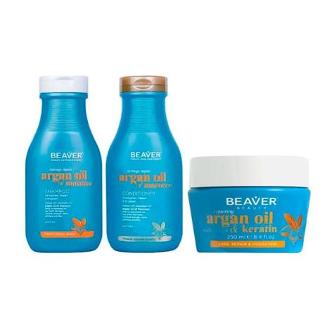 Відновлюючий набір Beaver Argan Oil&Keratin шампунь, кондиціонер та маска для пошкодженного волосся з аргановою олією 350+350+250