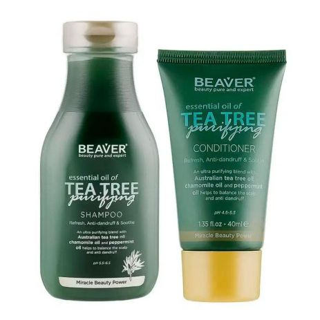 Набор для жирных волос Beaver Essential Oil of Tea Tree Purifying шампунь и кондиционер, 2х730 мл 60 мл + 40 мл