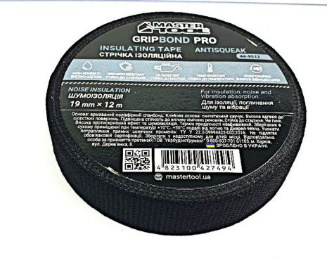 Лента изоляционная GripBond Pro AntiSqueak текстильная 19 мм×12 м черная MASTERTOOL 44-9512