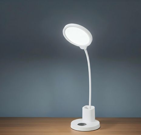 Настільна лампа світлодіодна акумуляторна гнучка з підставкою для ручок, модель VALESO 1988 біла