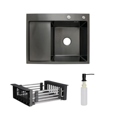 Комплект Lidz Handmade H6350BL Мийка для кухні інтегрована крило зліва BlackPVD у комплекті з дозатором +