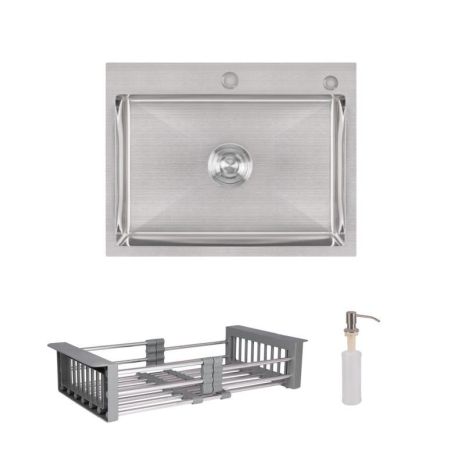 Комплект Lidz Handmade H5845 Мийка для кухні інтегрована Brushed у комплекті з дозатором + Lidz K01G
