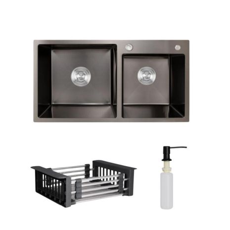 Комплект Lidz Handmade H7843 Мийка для кухні з двома чашами інтегрована BlackPVD у комплекті з дозатором +