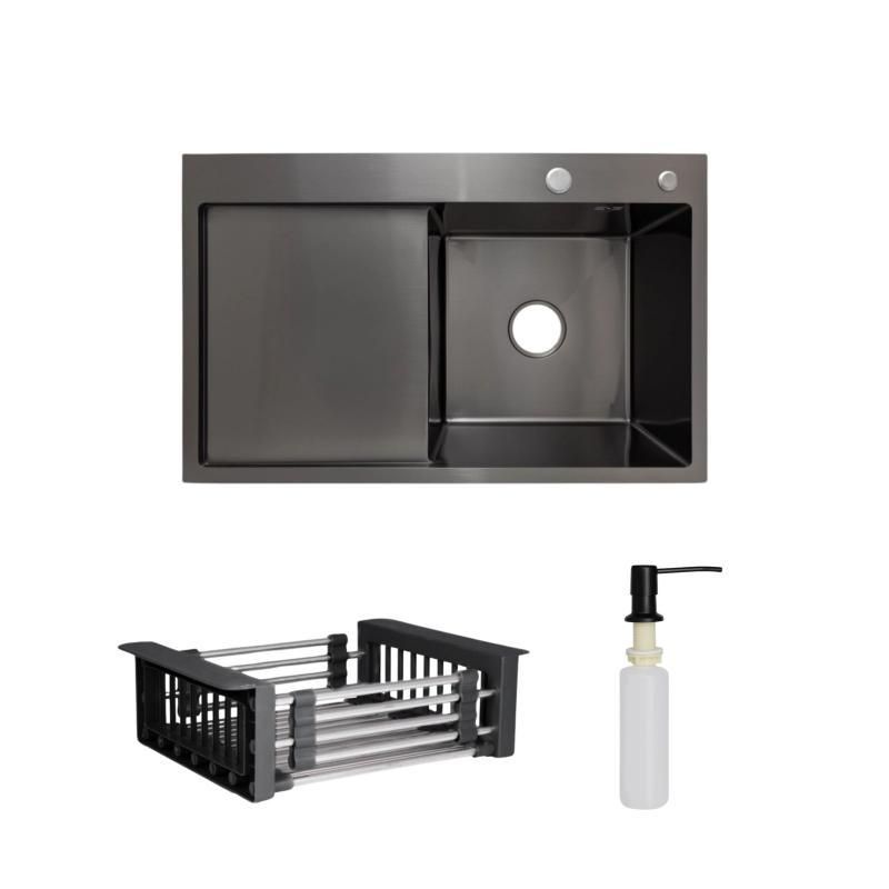 Комплект Lidz Handmade H7849BL Мийка для кухні інтегрована крило зліва BlackPVD у комплекті з дозатором + Комплект Lidz Handmade H7849BL Мийка для кухні інтегрована крило зліва BlackPVD у комплекті з дозатором +