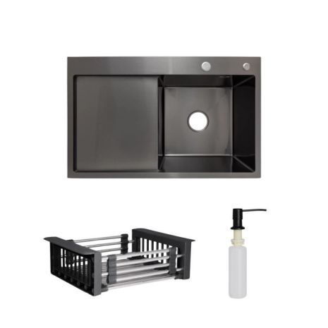 Комплект Lidz Handmade H7849BL Мийка для кухні інтегрована крило зліва BlackPVD у комплекті з дозатором +