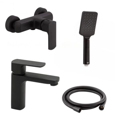Набор смесителей Qtap 5 в 1 Lipno для душа с душевым гарнитуром (QTLIPNO1023101CB + QTLIPNO4023101CB) чёрный