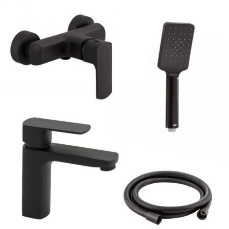 Набор смесителей Qtap 5 в 1 Lipno для душа с душевым гарнитуром (QTLIPNO1023101CB + QTLIPNO4023101CB) чёрный