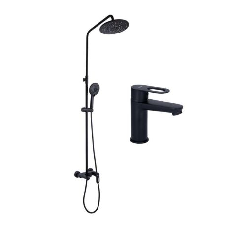 Комплект смесителей Lidz Latwa Black: Смеситель для раковины LDLAT001BLA45418 + Душевая система