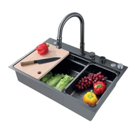 Мийка Водоспад ZH7548-SET-03 Nano-Black із вбудованим змішувачем з нерж. стали