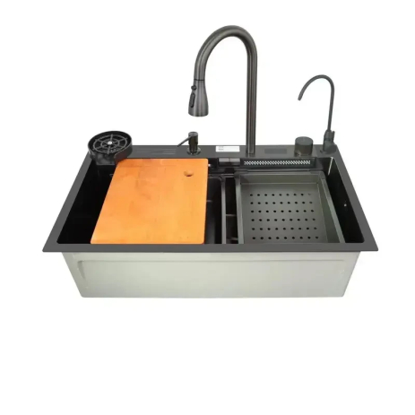 Кухонна мийка з вбудованим змішувачем Водоспад ZH7546-SET-07 DECOR NANO-BLACK