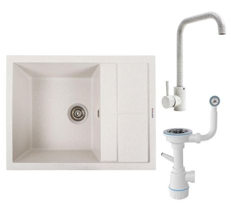 Комплект: Мийка біла в крапку LOTOS 6550 + Змішувач білий в крапку NS02A + Сифон 1041