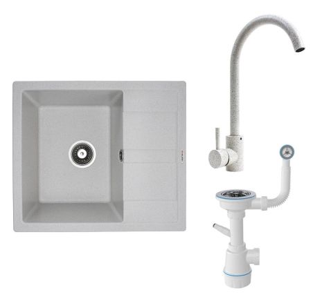 Комплект: біла мийка ARIA 5851 в крапку + білий змішувач 56 B NESP в крапку + сифон 1041