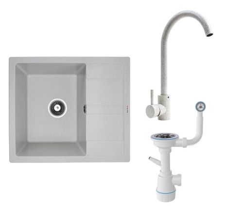 Комплект: біла мийка ARIA 5851 в крапку + білий змішувач 56 B NESP в крапку + сифон 1041 Комплект: біла мийка ARIA 5851 в крапку + білий змішувач 56 B NESP в крапку + сифон 1041