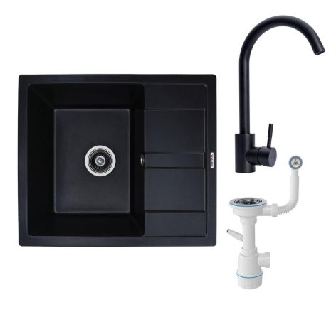 Комплект: чорна мийка Aria 5851 + чорний змішувач BG76 + сифон 1041