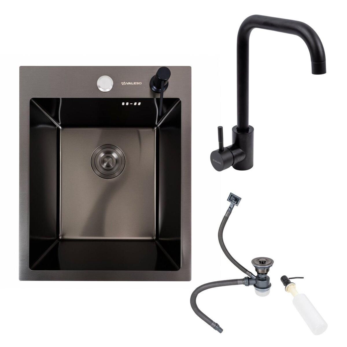 Кухонний Комплект: Мийка VALESO Handmade 40*50 PVD Чорна (3.0/0.8) + Змішувач VALESO BG77 Чорний Кухонний Комплект: Мийка VALESO Handmade 40*50 PVD Чорна (3.0/0.8) + Змішувач VALESO BG77 Чорний