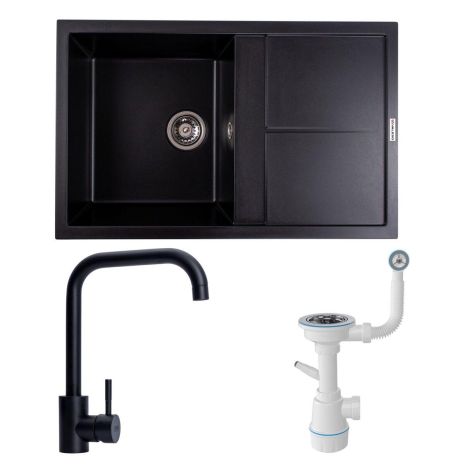 Гранітна мийка SELENA (чорна) + сифон 1041 + змішувач BG77 (чорний) (7950)
