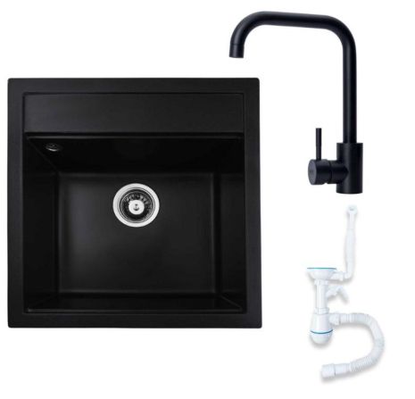 VALESO 5149 (Black) Granite Kitchen Sink + 1041 Siphon + Black BG77 Faucet