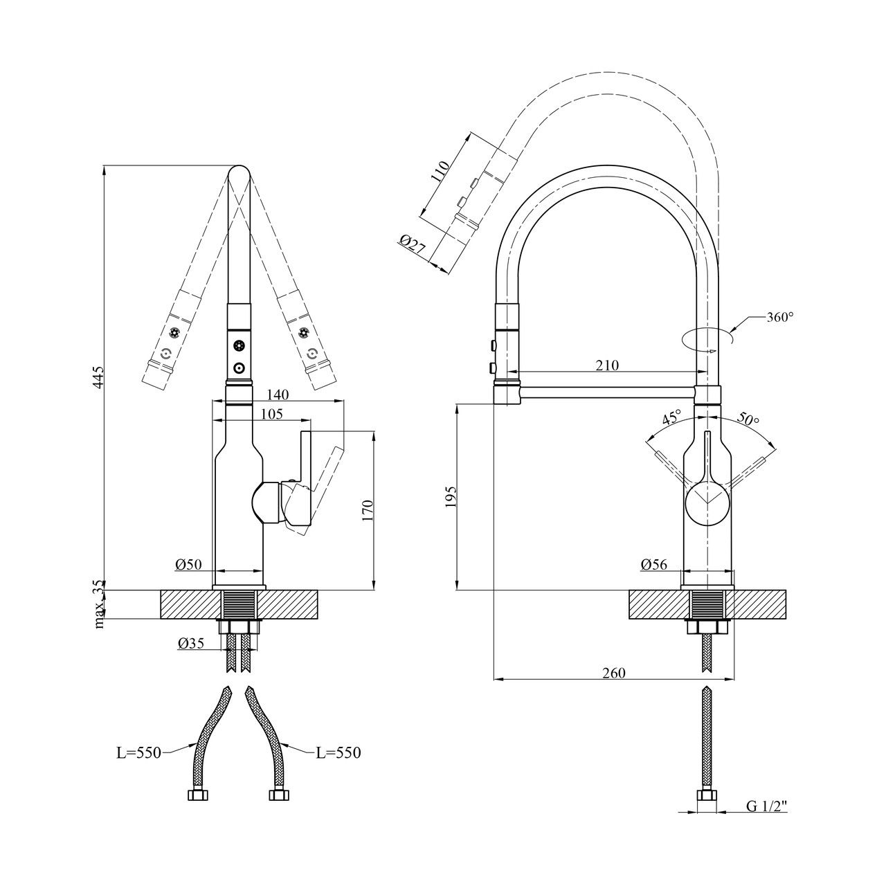 Змішувач для кухні Kroner KRP Ersel — GRP03112BLK Змішувач для кухні Kroner KRP Ersel — GRP03112BLK