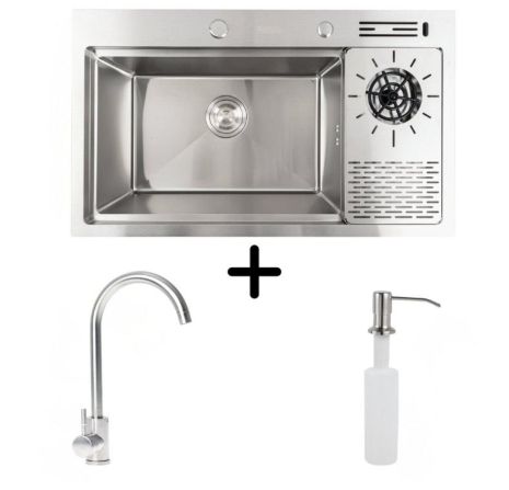 Кухонна мийка нержавійка 78*46 Platinum Handmade з кухонним змішувачем + дозатор та коландер