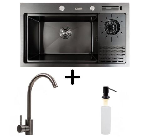 Кухонна мийка PVD 78*46 чорна Platinum Handmade з кухонним змішувачем + дозатор та коландер Кухонна мийка PVD 78*46 чорна Platinum Handmade з кухонним змішувачем + дозатор та коландер