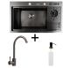 Кухонна мийка PVD 78*46 чорна Platinum Handmade з кухонним змішувачем + дозатор та коландер