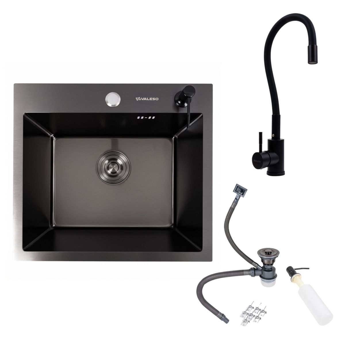 VALESO Комплект: кухонна мийка Handmade 50*45 чорна PVD + змішувач NES-ZZ45 VALESO Комплект: кухонна мийка Handmade 50*45 чорна PVD + змішувач NES-ZZ45