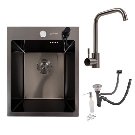 Комплект кухонний: Handmade мийка Valeso (40x50 см) PVD чорна + Змішувач чорний FC-5 PVD Комплект кухонний: Handmade мийка Valeso (40x50 см) PVD чорна + Змішувач чорний FC-5 PVD