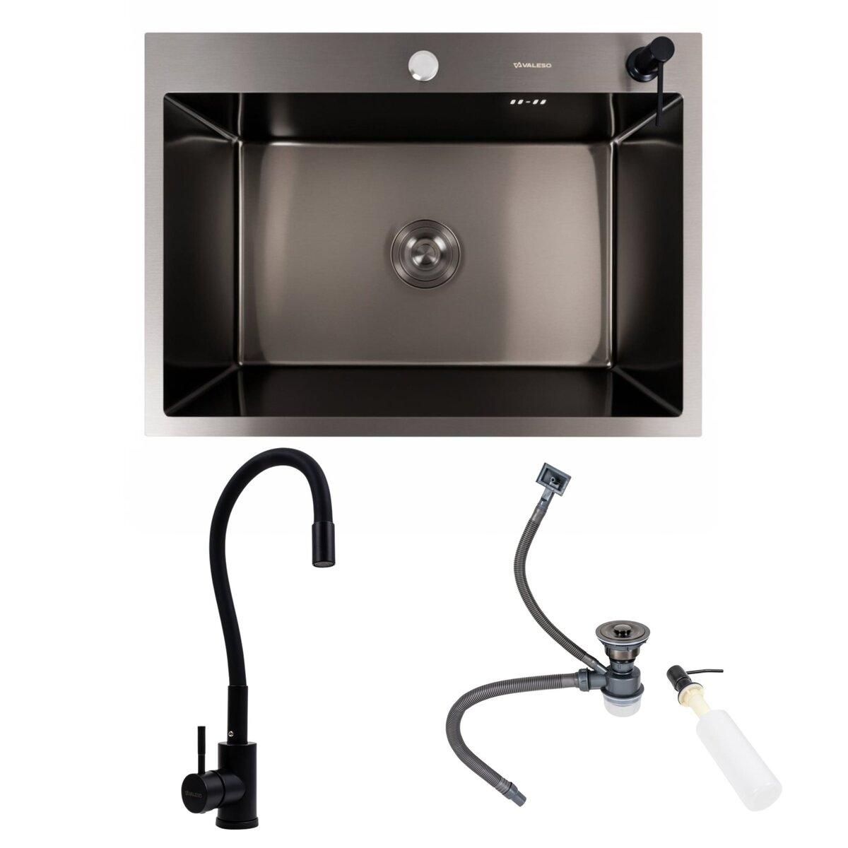 Комплект Valeso Handmade мийка 70*50 PVD чорна (3,0/0,8) + NES-ZZ45 гнучкий змішувач Комплект Valeso Handmade мийка 70*50 PVD чорна (3,0/0,8) + NES-ZZ45 гнучкий змішувач