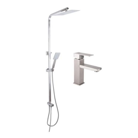 Акционный набор: Lidz Kubis 001F Смеситель для раковины (k35) Nickel + Lidz Kubis 1120 Душевая стойка универсальная на два