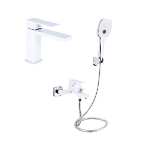 Акционный набор Qtap: Смеситель для раковины QTGEM270CRW45675 Chrome/White + Смеситель для ванны (c душевым гарнитуром)