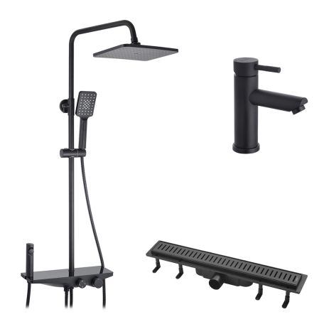 Набор 3 в 1 душевая система Kroner Armada-SCH066 + смеситель Edelstahl Klassisch-SCH010 + трап линейный Harz