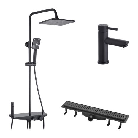Набор 3 в 1 душевая система Kroner Armada-SCH066 + смеситель Edelstahl Klassisch-SCH010 + трап линейный Harz