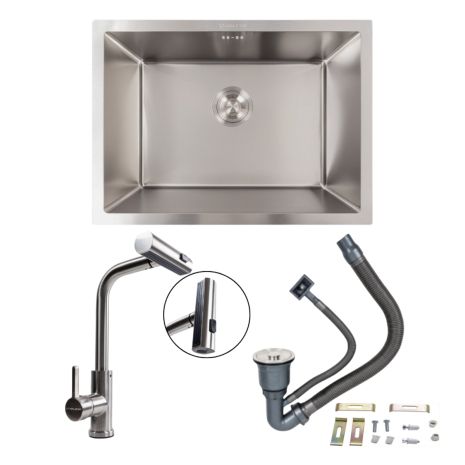 Кухонний комплект: Мийка Valeso Handmade (58x43 см) з монтажем під стільницю + Змішувач XK08A